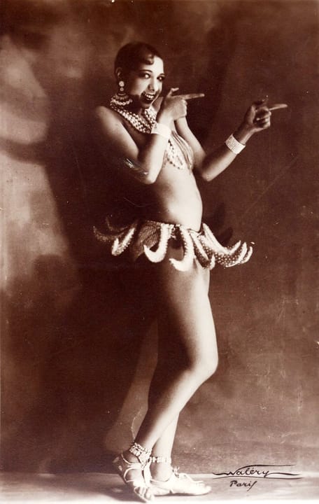 Portrait or photograph of Josephine Baker: Josephine Baker in Banana Skirt from the Folies Bergère production "Un Vent de Folie"