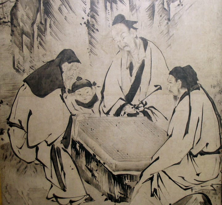 Portrait or photograph of Kano Eitoku: A screen painting depicting people of the Ming Dynasty playing Go, by Kanō Eitoku. (NB: The detail in this illustration c