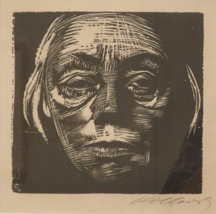 Portrait or photograph of Käthe Kollwitz: Self-Portrait by Käthe Kollwitz, 1923, woodcut, Honolulu Museum of Art accession 10409