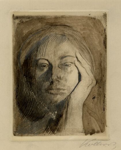 Portrait or photograph of Käthe Kollwitz: Self-portrait by Käthe Kollwitz (died 1945).