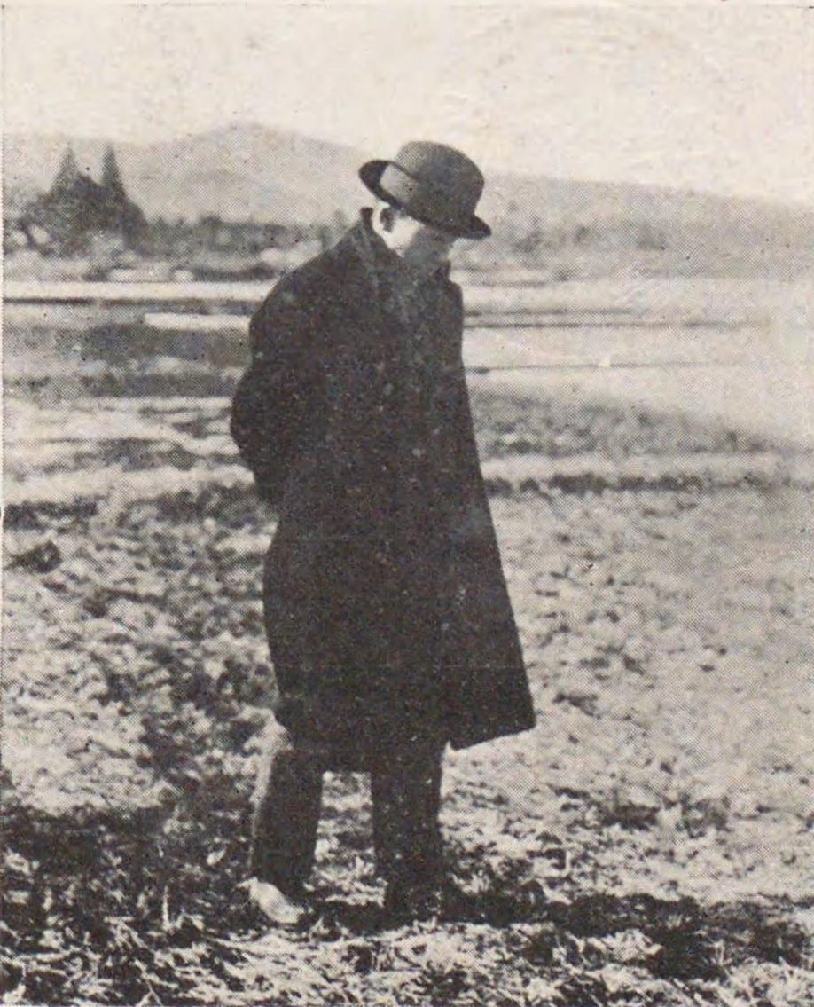 Image connected to Kenji Miyazawa: Miyazawa Kenji standing in a paddy field as a teacher of Hanamaki Agricultural School.
