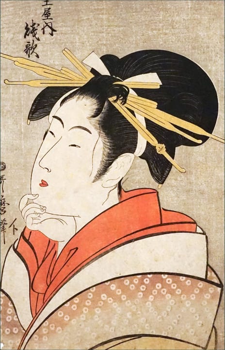 Portrait or photograph of Kitagawa Utamaro: Shizuuta de Tamaya Une des oeuvres de la série de peintures représentant des courtisanes de grande beauté. Tamaya ét