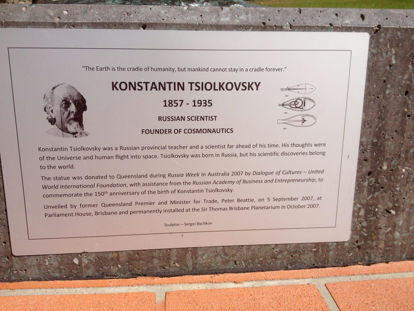 Portrait or photograph of Konstantin Tsiolkovsky: Konstantin Tsiolkovsky Monument, Brisbane (2007), located opposite the Sir Thomas Brisbane Planetarium, Mount