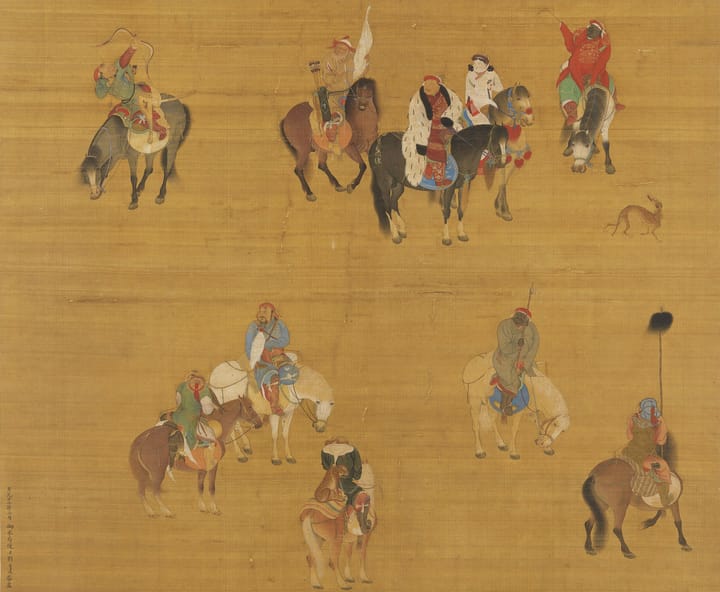 Portrait or photograph of Kublai Khan: Kublai Khan on a hunting expedition, painted on a silk handscroll (fragment). This was painted in the year 1280 by the Ch