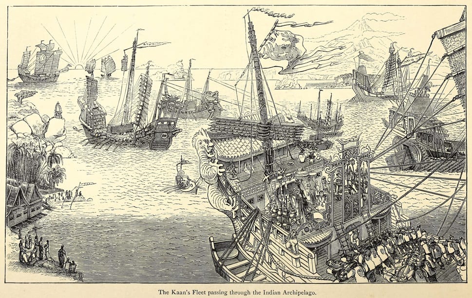 Portrait or photograph of Kublai Khan: Kublai Khan's fleet passing through the Indian (Indonesian) Archipelago.