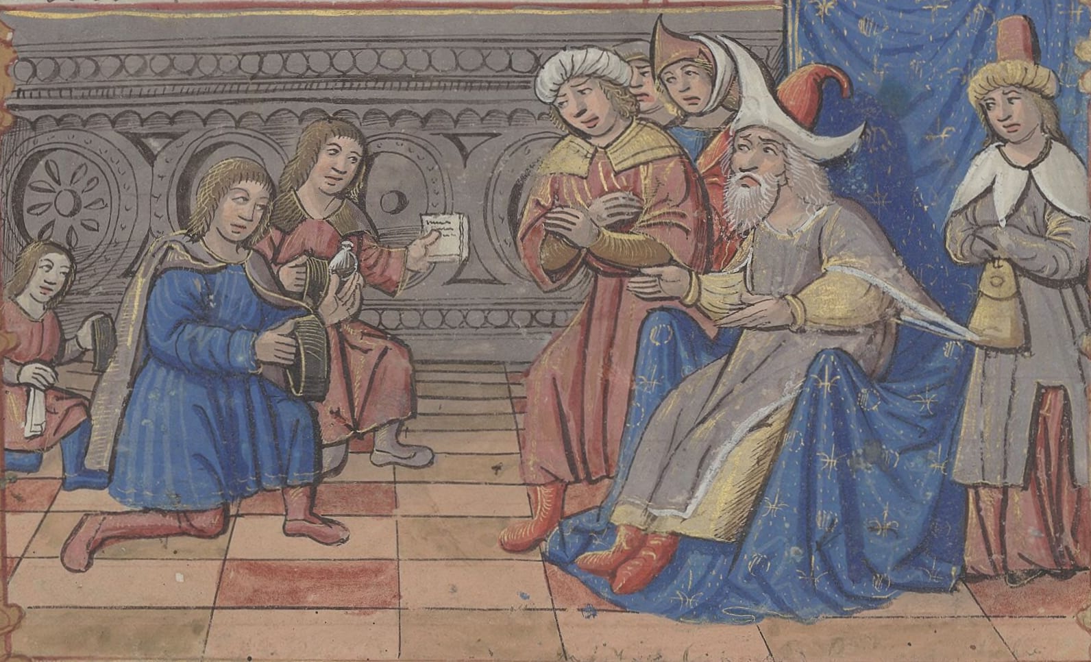 Portrait or photograph of Kublai Khan: Kublai Khan meeting the brothers Polo and Marco at Shangdu en 1274, according to the manuscript BnF Arsenal n° 5219 writt