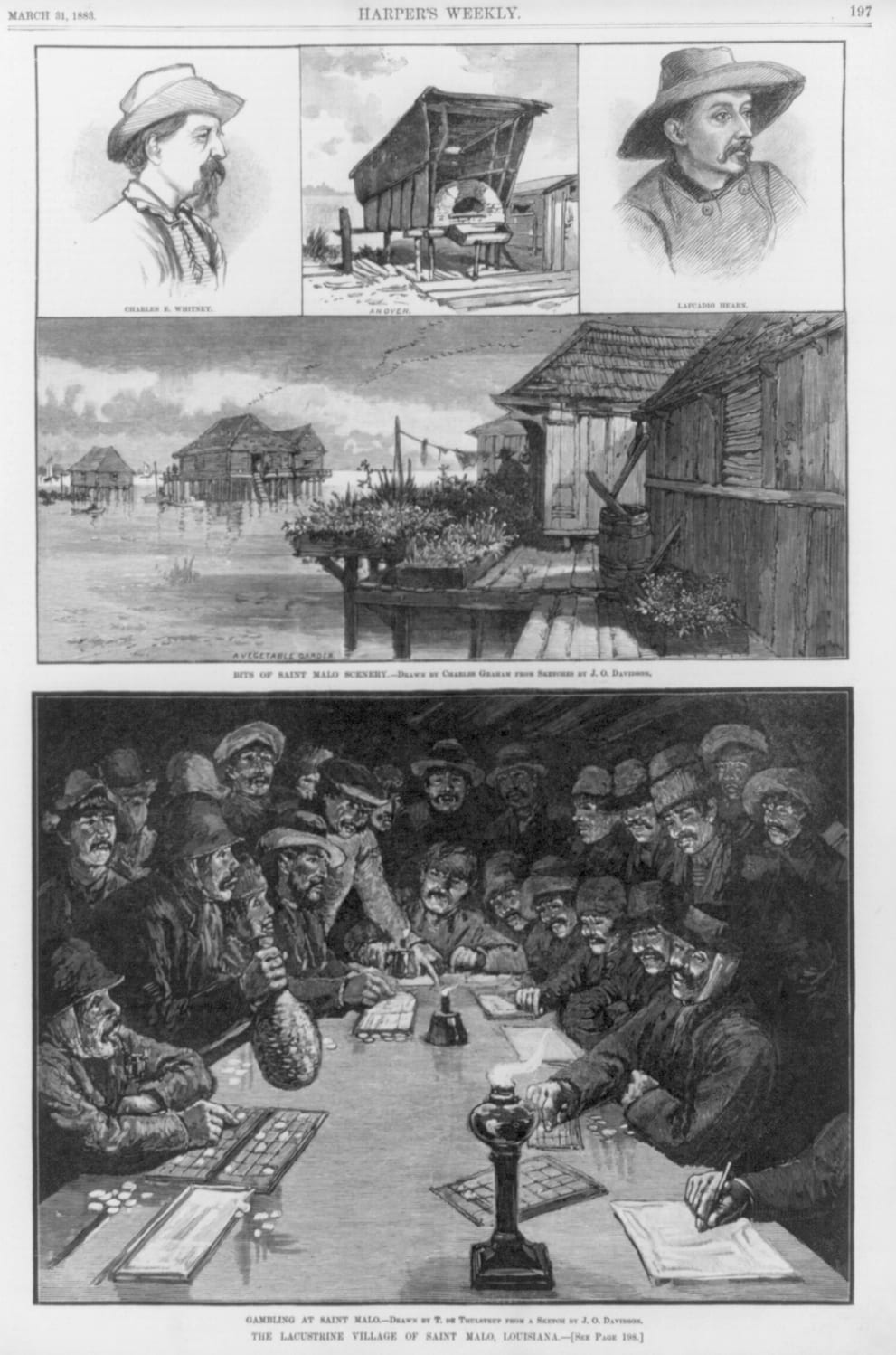 Portrait or photograph of Lafcadio Hearn: Views of Saint Malo, Louisiana, 1883, with portraits of vistors Lafcadio Hearn and Charles E. Whitney. The Lacustrine