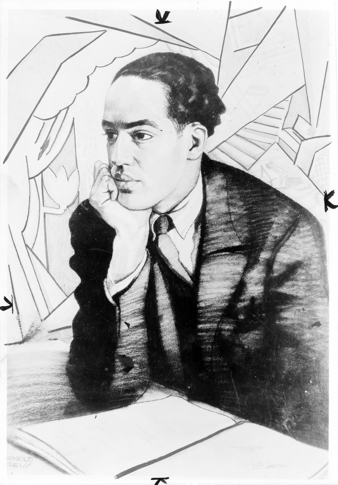 Portrait or photograph of Langston Hughes: Langston Hughes, half-length portrait, seated, facing right, with right hand under chin.