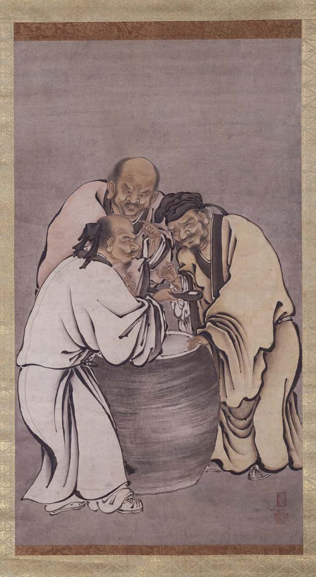 Portrait or photograph of Laozi: The Three Vinegar Tasters , 16th-century Japanese painting by an artist of the Kanō school during the Mromachi period. 83.3×47.