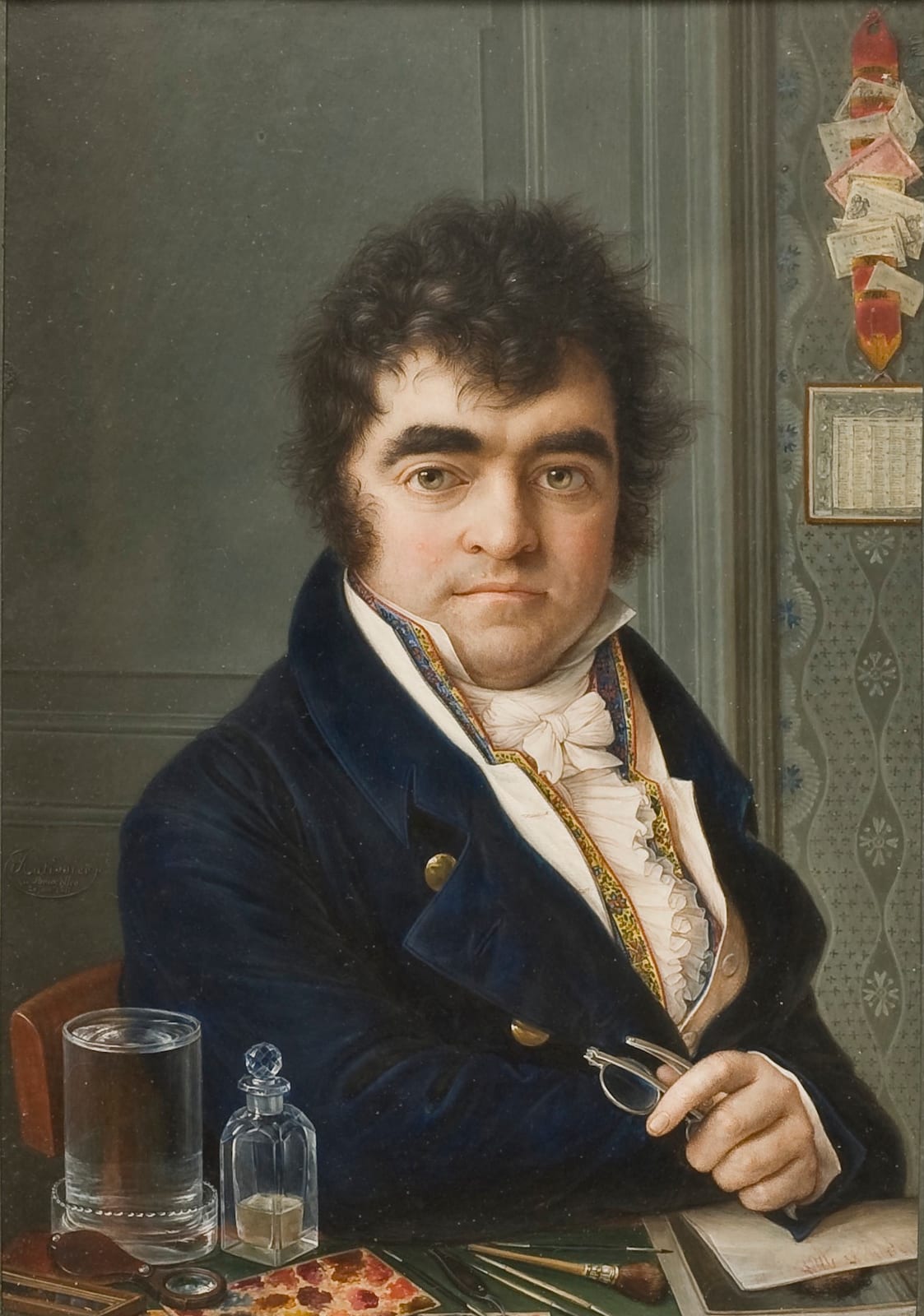 Image connected to Leonor de Almeida Portugal: In the In the foreground, the artist's pencils, brushes, and tools for painting miniatures can be seen. Among the