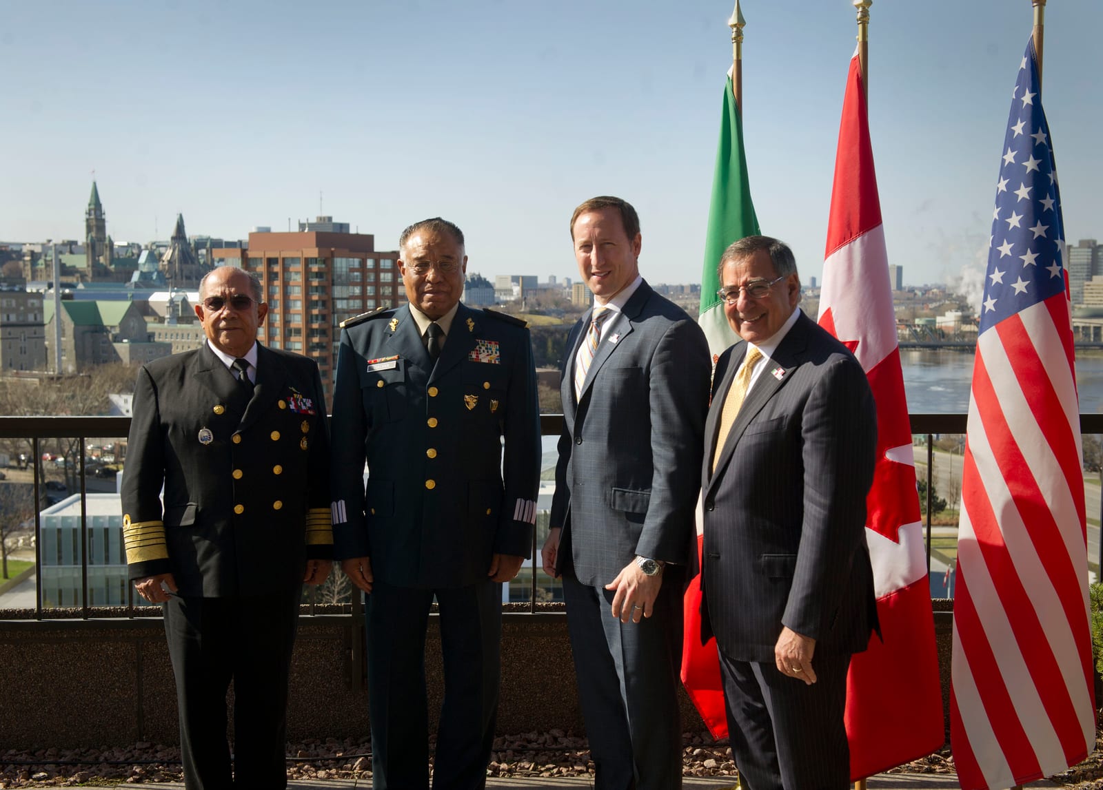 Portrait or photograph of Lester B. Pearson: From left, Mexican Secretary of the Navy Vice-Admiral Mariano Francisco Saynez Mendoza , Mexican Secretary of Natio