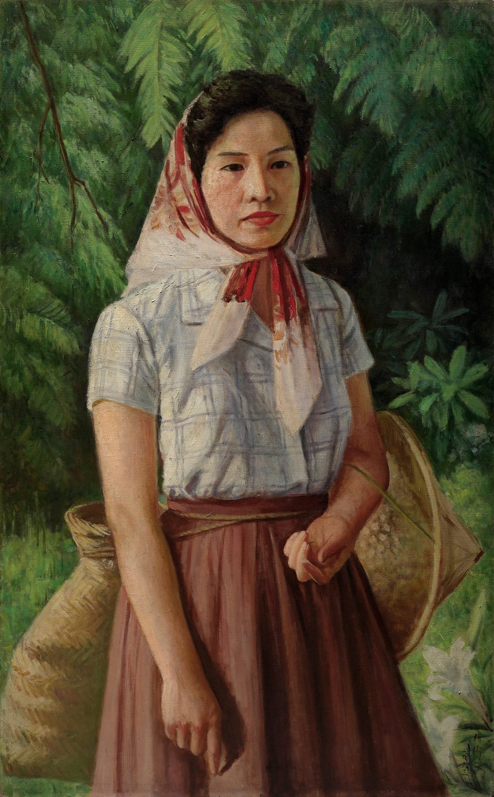 Memorial or place connected to Li Mei-shu: 李梅樹作品:(採茶少女),(1959),(油彩 畫布)。 李梅樹以女兒為模特兒,將她打扮成採茶姑娘,畫出這幅畫來推廣三峽的茶葉。