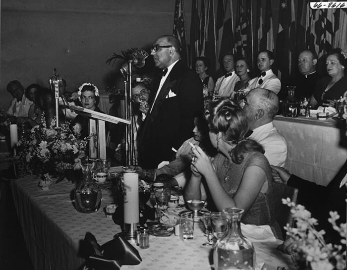 Portrait or photograph of Liaquat Ali Khan: Liaquat Ali Khan, Prime Minister of Pakistan, speaking in New Orleans, 1950. Prime Minister Ali Khan, of Pakistan, s