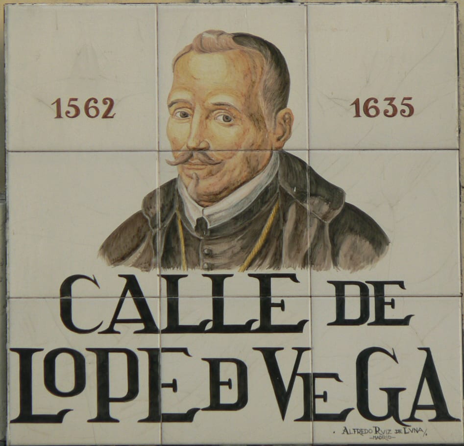 Portrait or photograph of Lope de Vega: Sign of Calle de Lope de Vega (street, Centro district ) in Madrid ( Spain ).