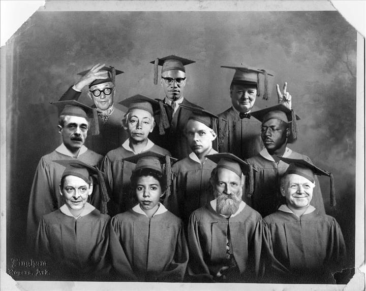 Portrait or photograph of Lorraine Hansberry: Top Row (left to right): Le Corbusier; Malcolm X; Winston Churchill Middle Row (left to right): Paul Valéry; Käthe