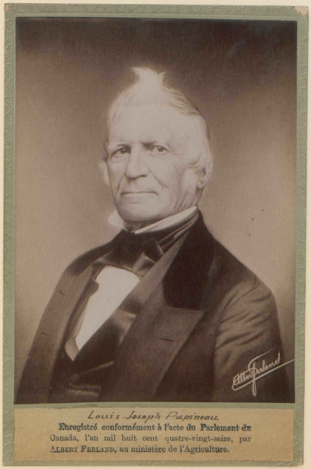 Portrait or photograph of Louis-Joseph Papineau: Louis Joseph Papineau. Head-and-shoulders cabinet portrait, originally taken c 1860s. A note on the reverse rea