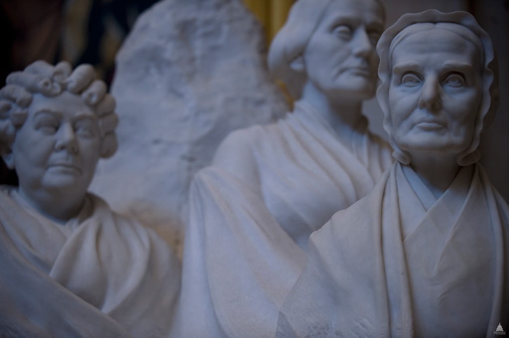 Portrait or photograph of Lucretia Mott: This group portrait monument to the pioneers of the woman suffrage movement, which won women the right to vote in 1920,