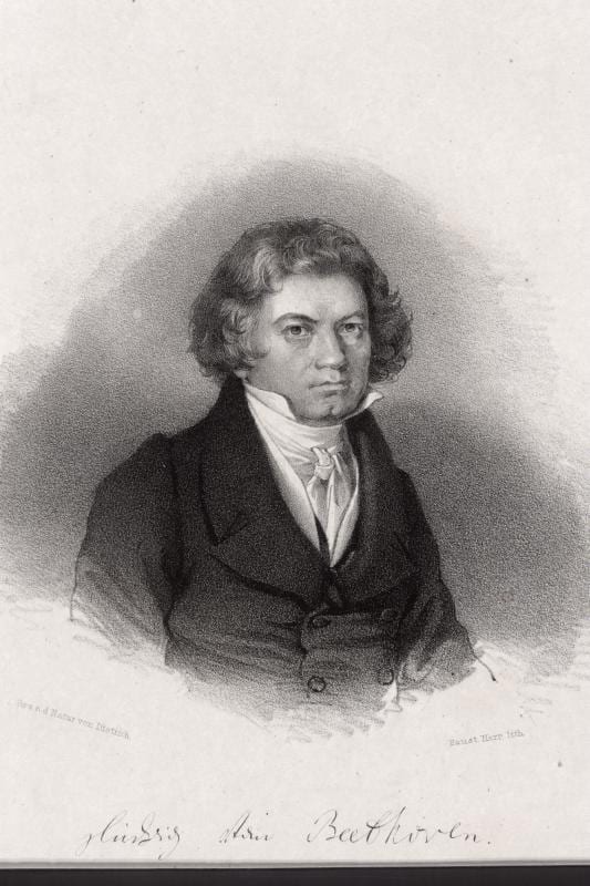Portrait or photograph of Ludwig van Beethoven: Ludwig van Beethoven, 1821/1826 - Lithographie von Faustin Herr nach einer Zeichnung von Anton Dietrich (1799-18