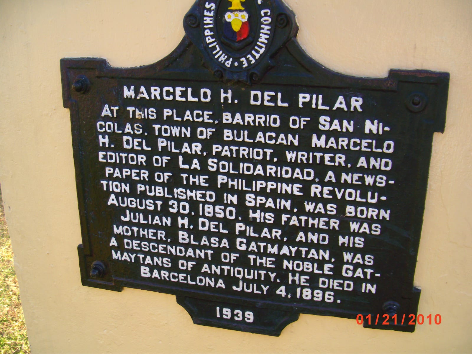 Portrait or photograph of Marcelo H. del Pilar: Historical marker inside the National Shrine of Marcelo H. Del Pilar in San Nicolas, Bulacan, Bulacan