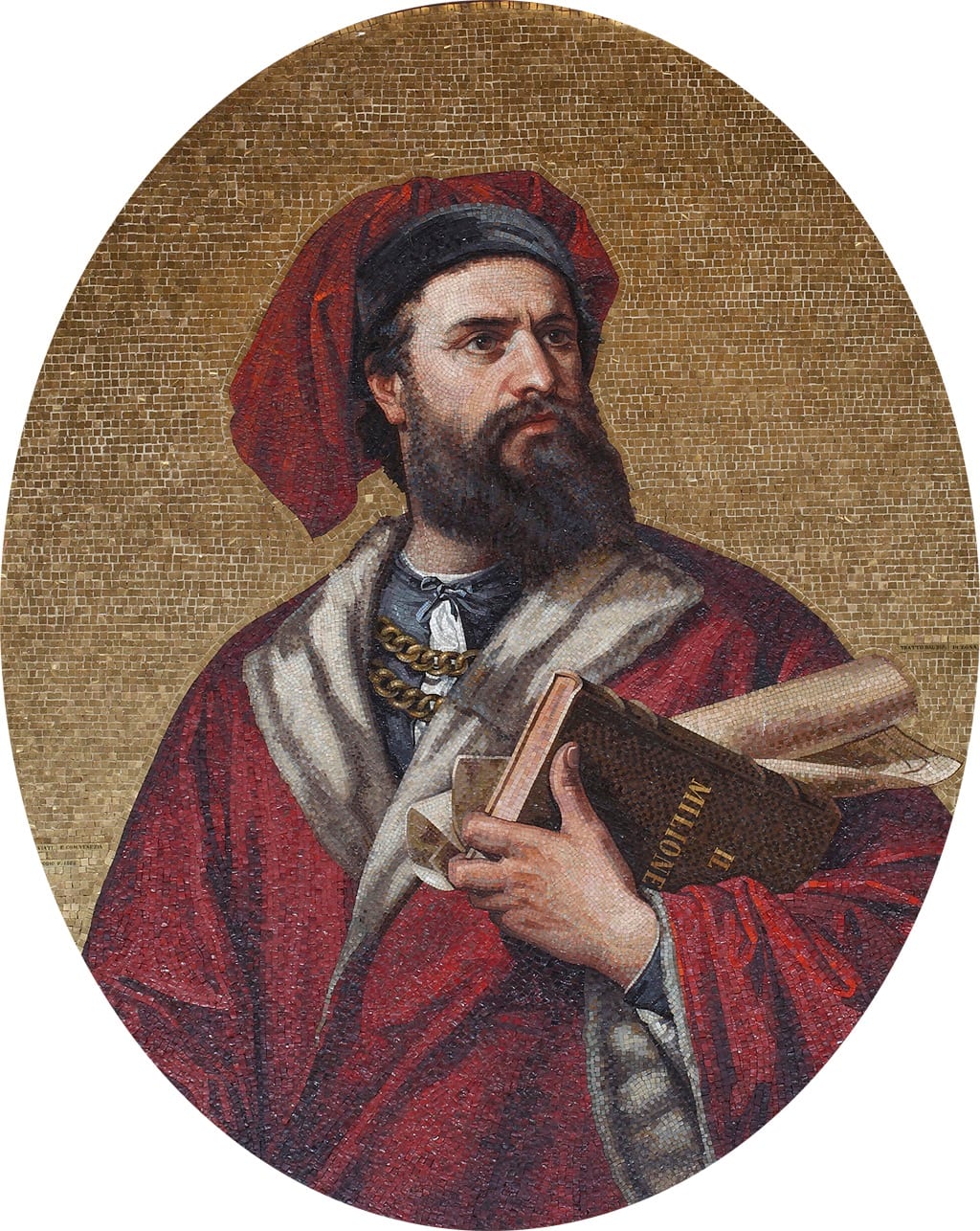 Portrait or photograph of Marco Polo: Mosaic of Marco Polo, Municipal Palace of Genoa: Palazzo Grimaldi Doria-Tursi