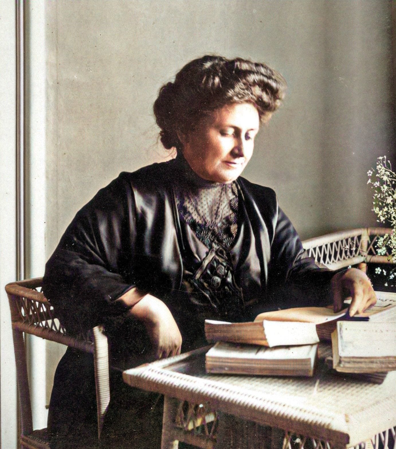 Portrait or photograph of Maria Montessori: For the first time version colorized in 2020.