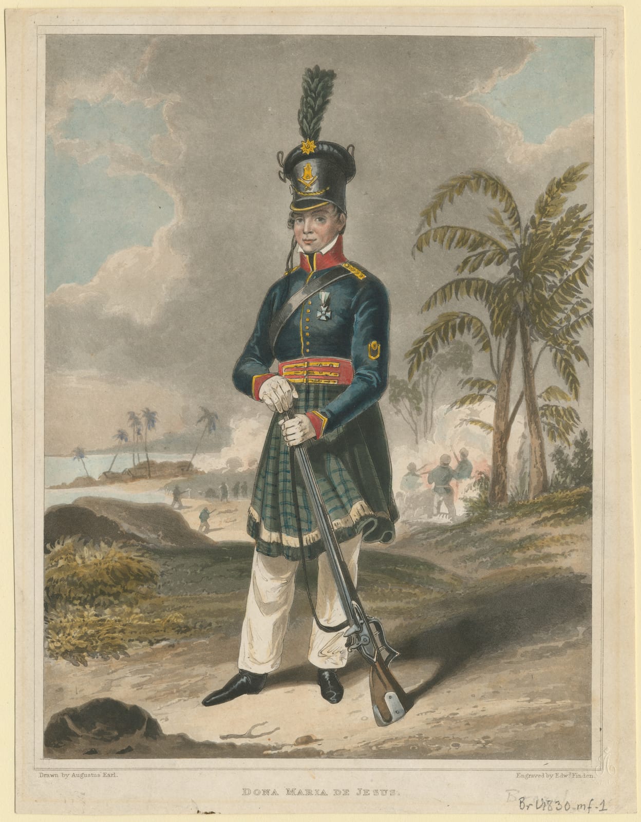 Portrait or photograph of Maria Quiteria: Aquatint of Maria Quitéria , a Brazilian lieutenant and national hero, sketched by Earle and hand colored/engraved by