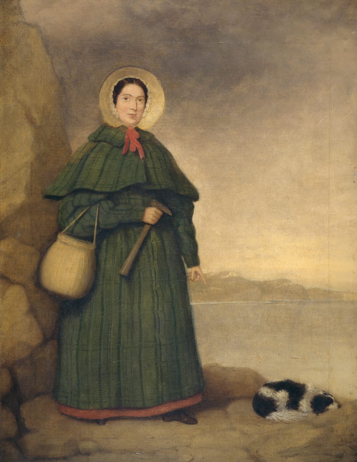 Memorial or place connected to Mary Anning: Portrait of Mary Anning with her dog Tray and the Golden Cap outcrop in the background, Natural History Museum, Lond