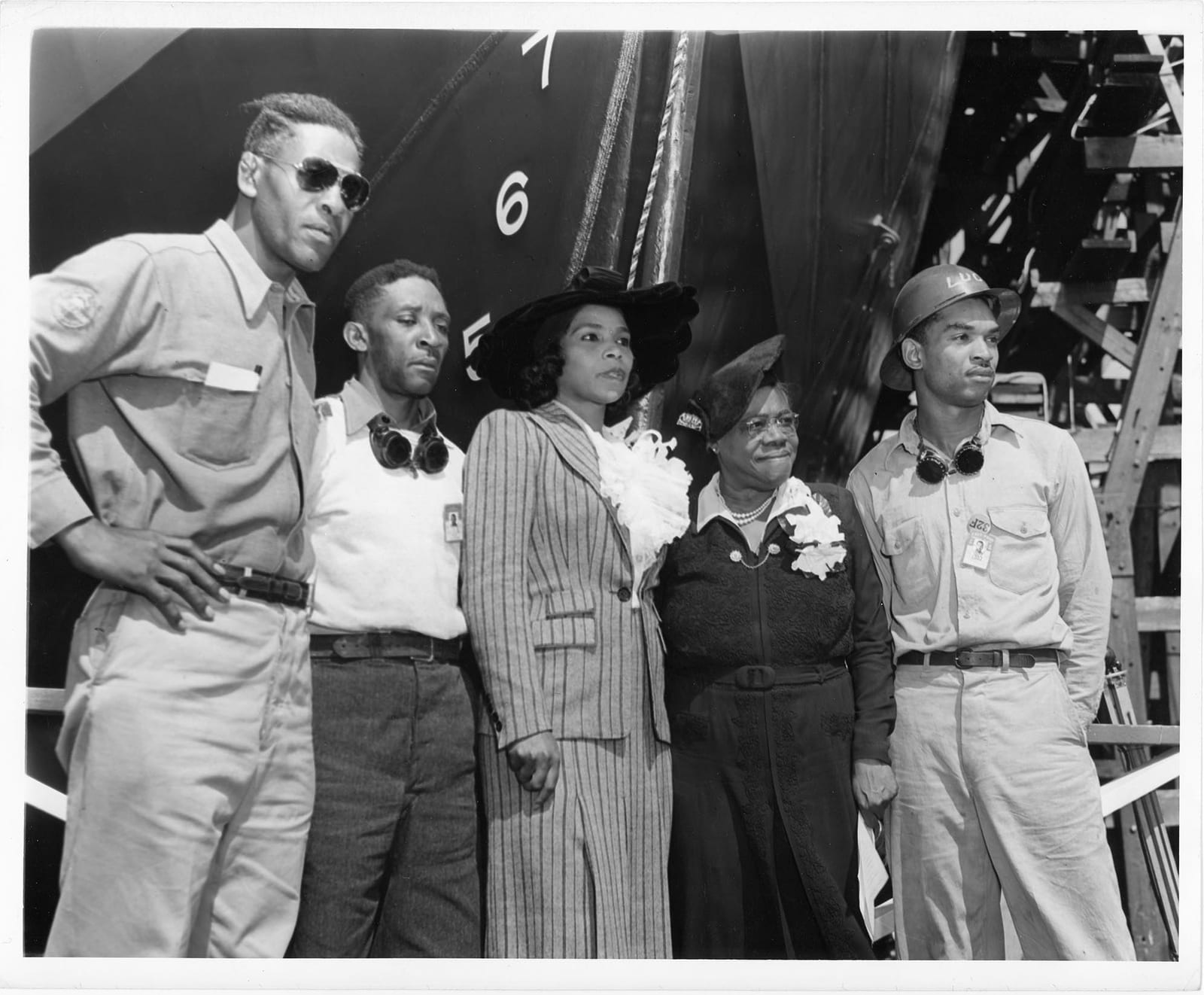 Portrait or photograph of Mary McLeod Bethune: Marian Anderson, Mary McLeod Bethune, and African American defense workers at the launching of the SS Booker T. W
