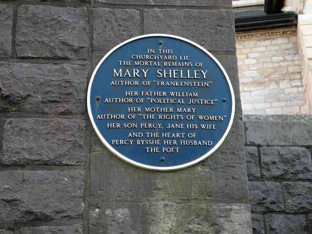 Portrait or photograph of Mary Shelley: Blue plaque for Mary Shelley and her family On the wall of St Peter's churchyard