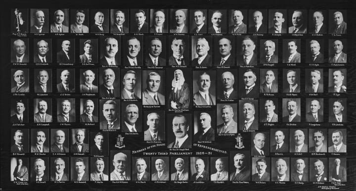 Portrait or photograph of Maui Pomare: Members of the House of Representatives, Parliament of New Zealand, 1928-1931. Photographic copy of a montage signed by S