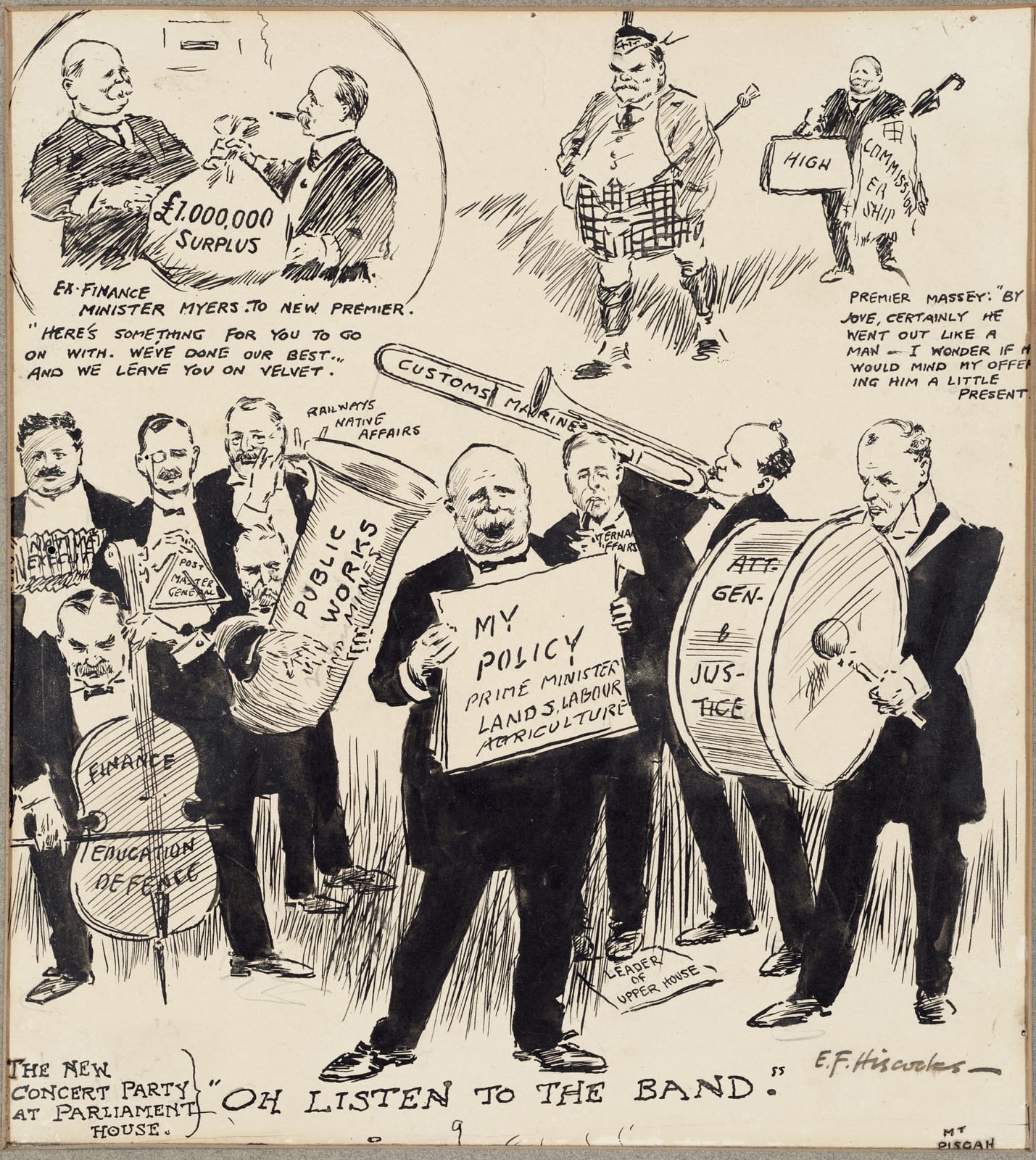 Portrait or photograph of Maui Pomare: Oh, listen to the band; the new concert party at Parliament House. Shows Premier William Massey reading or singing "My po