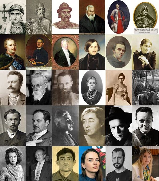 Image connected to Mikhail Hrushevsky: Eine Collage mit 30 bekannten Ukrainer: Datei:Olga by Roerich 2.jpg, Datei:Vladimir Svyatoslavovich.jpg, Datei:Yaroslav.g