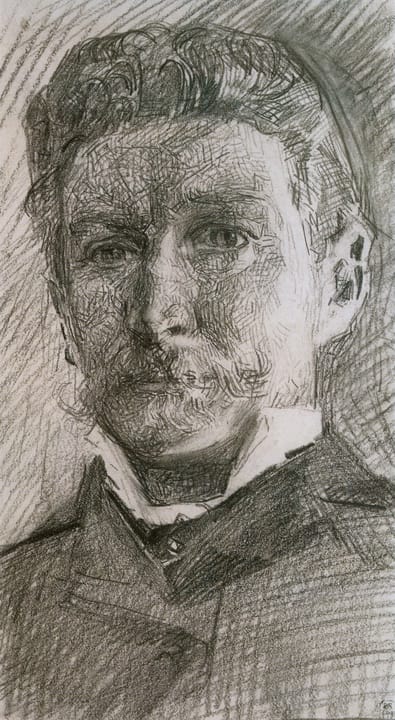 Portrait or photograph of Mikhail Vrubel: Врубель. Автопортрет. 1905. Бумага, карандаш.jpg: малюнок олівцем