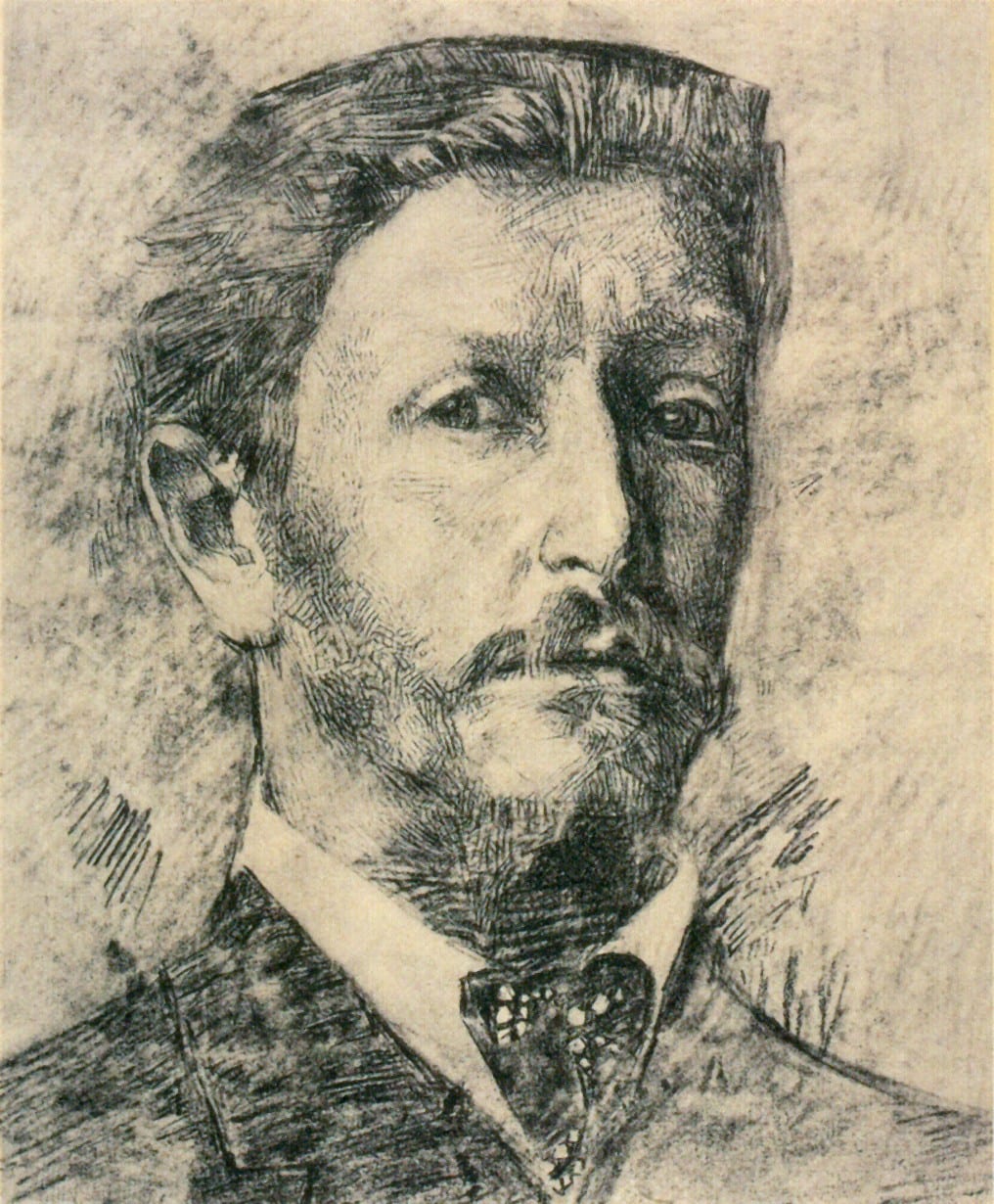 Portrait or photograph of Mikhail Vrubel: Врубель М.А. – Автопортрет. 1904-1905. Бумага, угольный и свинцовый карандаши, сангина, 35,5х29,5. ГТГ
