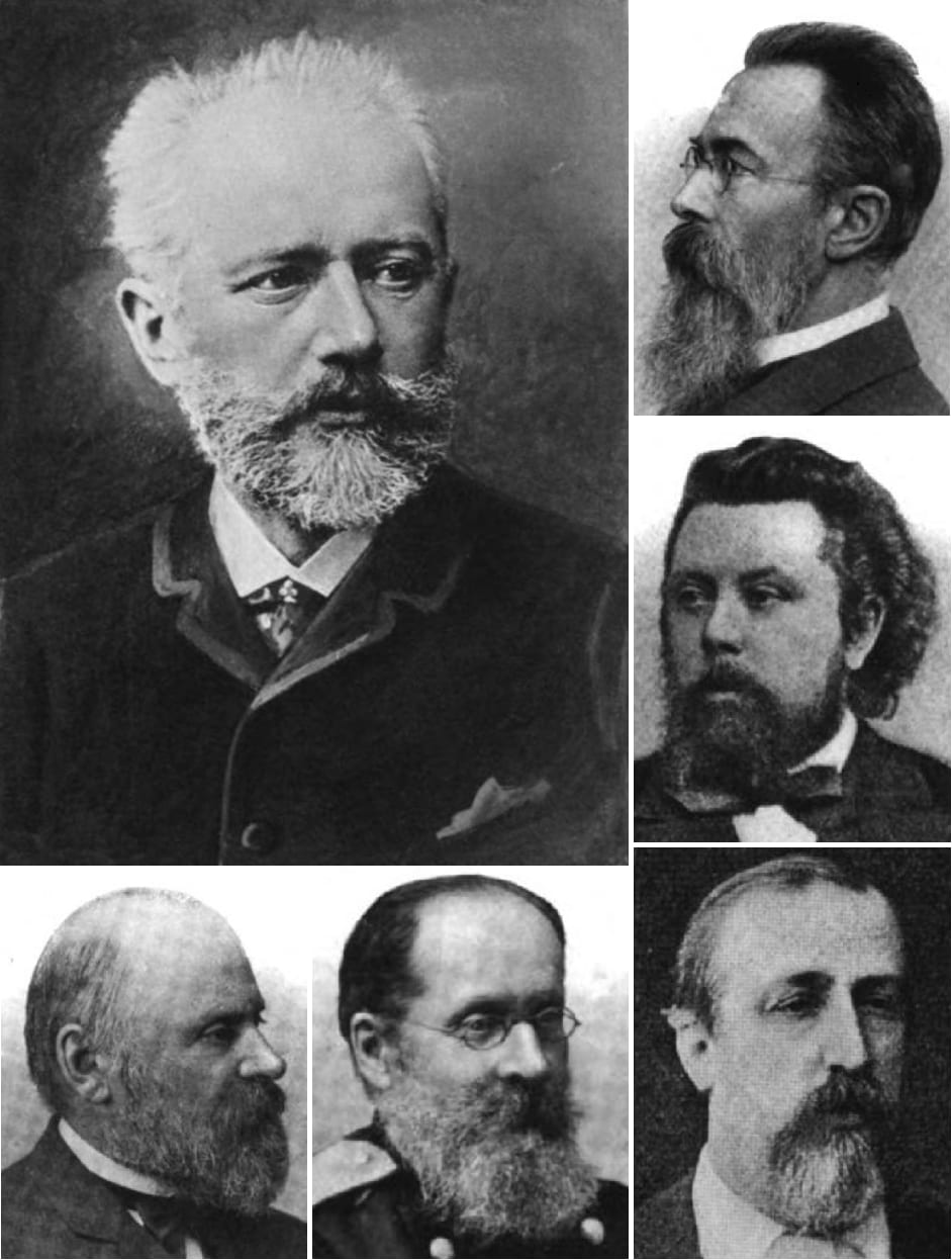 Portrait or photograph of Modest Mussorgsky: Images of Pyotr Ilyich Tchaikovsky (large) and members of The Five : (counter-clockwise from bottom left) Mily Bala