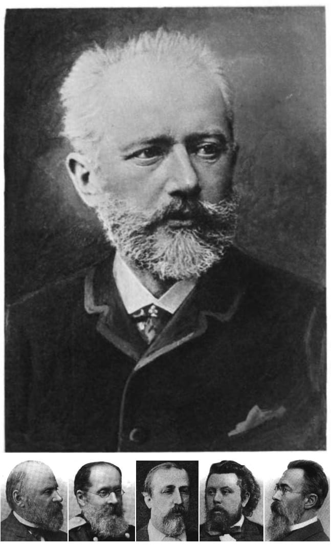 Portrait or photograph of Modest Mussorgsky: Images of Pyotr Ilyich Tchaikovsky (large) and members of The Five : (left to right at bottom) Mily Balakirev , Cés