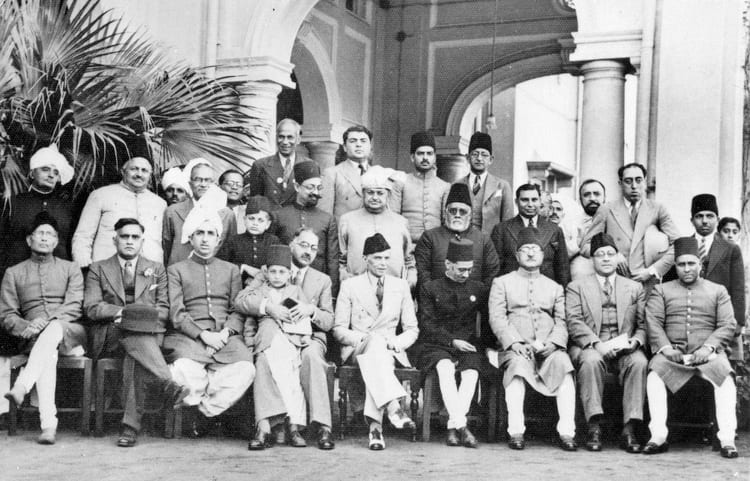 Image connected to Muhammad Ali Jinnah: Muslim League leaders after a dinner party given at the residence of Mian Bashir Ahmad, Lahore, 1940. Group portrait wit