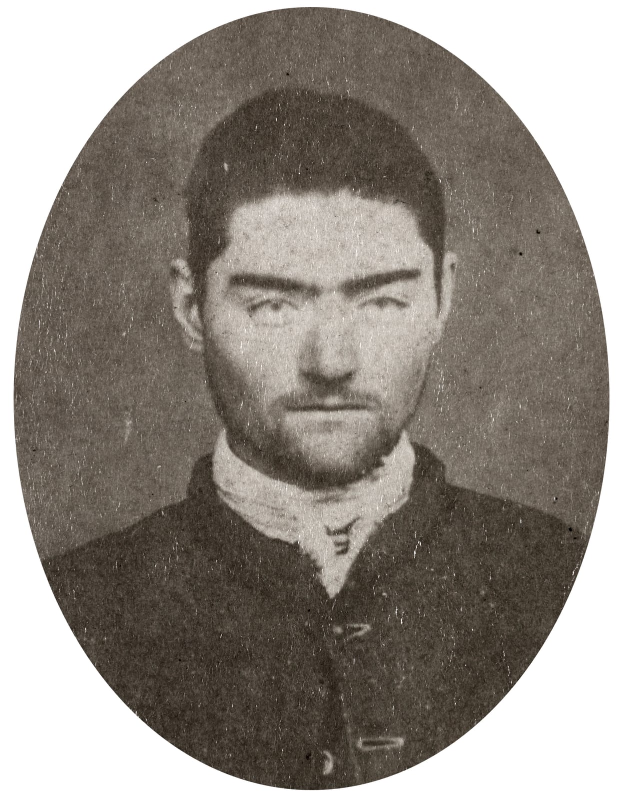 Portrait or photograph of Ned Kelly: Ned Kelly, the Australian bushranger, 1874, portrait taken by the police Photographer at Pentridge after Ned's transfer fro