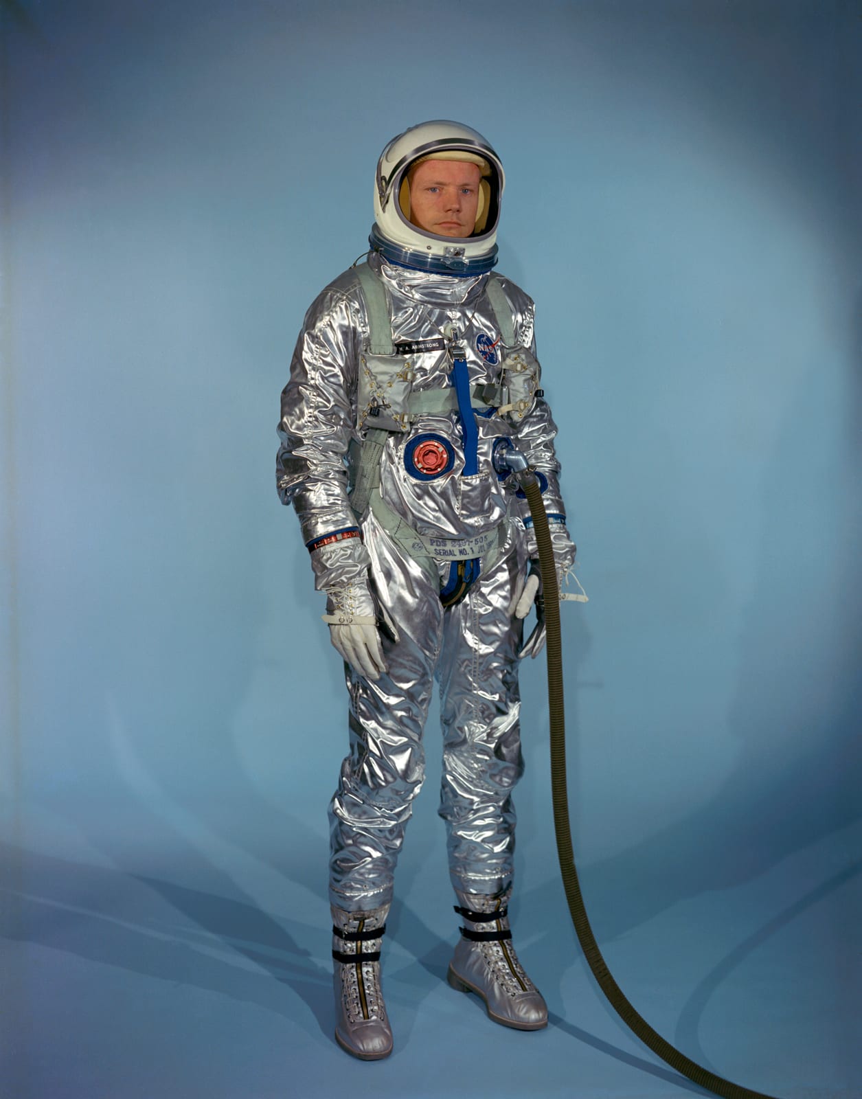 Portrait or photograph of Neil Armstrong: Neil Armstrong in a Gemini G-2C training suit. Note: This is not a "pre"-gemini spacesuit