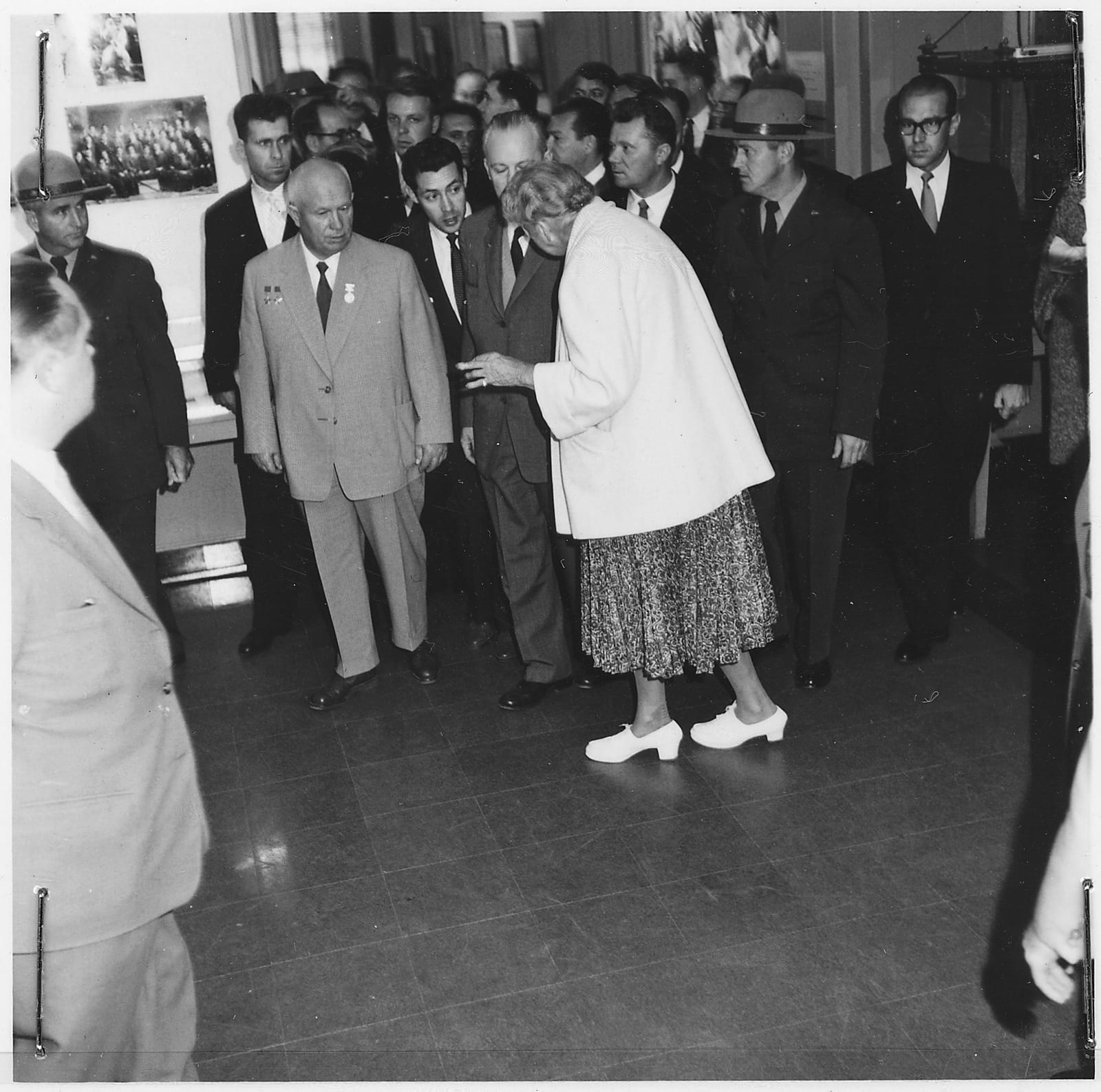 Portrait or photograph of Nikita Khrushchev: Eleanor Roosevelt and Nikita Khrushchev at the Franklin D. Roosevelt Library in Hyde Park - NARA - 195417
