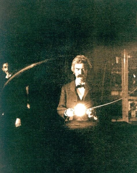 Portrait or photograph of Nikola Tesla: Mark Twain in Nikola Tesla's lab; 1894