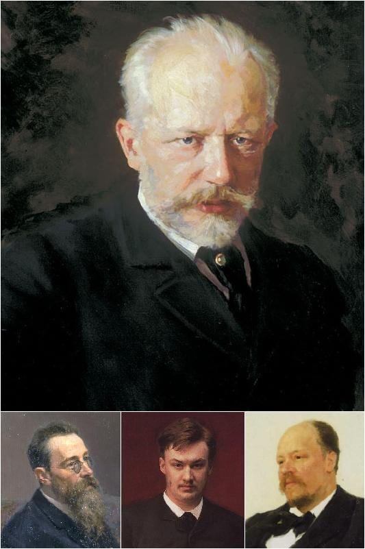 Portrait or photograph of Nikolai Rimsky-Korsakov: Images of Pyotr Ilyich Tchaikovsky (large) and members of the Belyayev circle : (left to right) Nikolai Rimsk