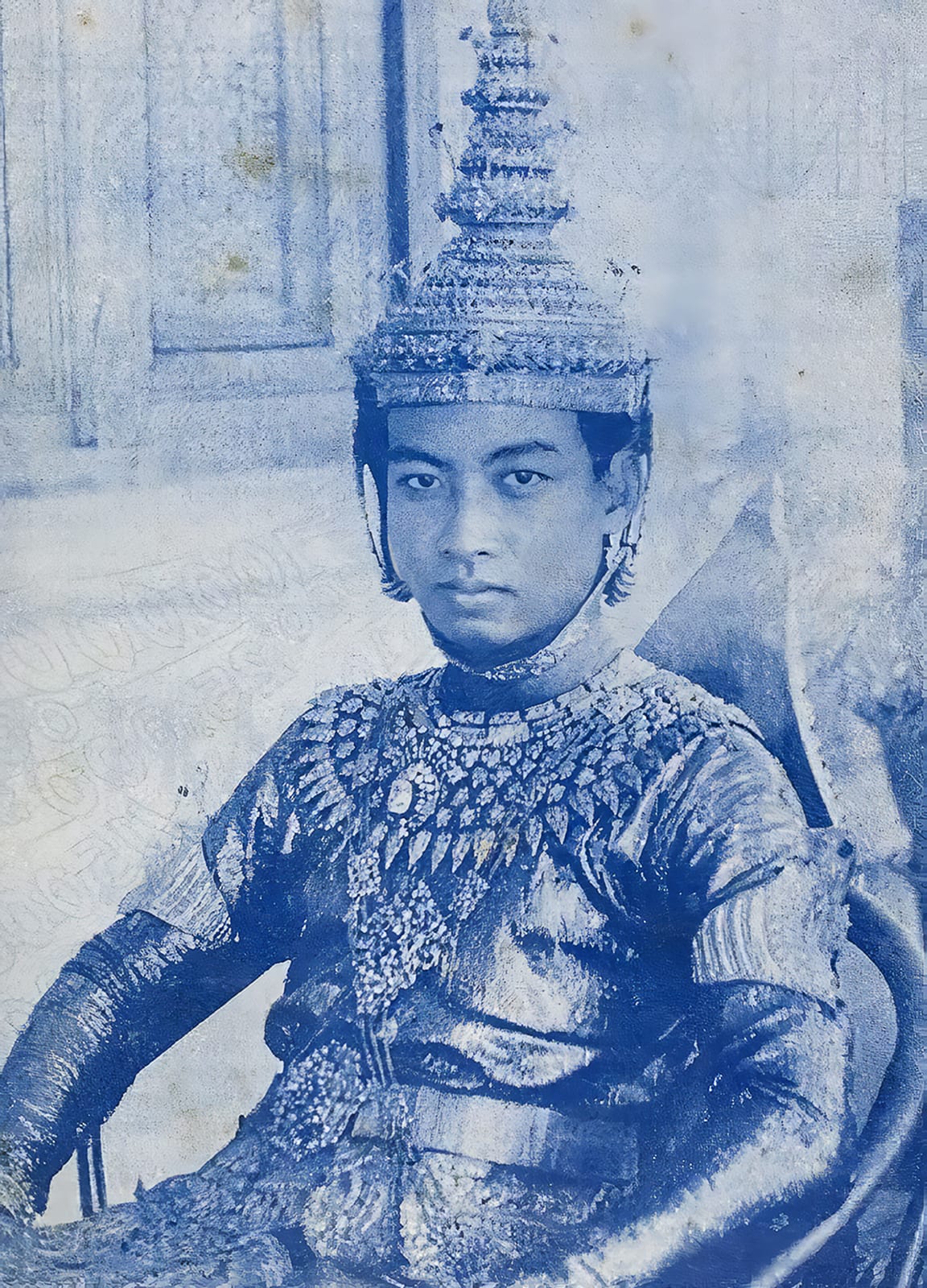 Portrait or photograph of Norodom Sihanouk: King Norodom Sihanouk in coronation regalia of Cambodia, November 1941.