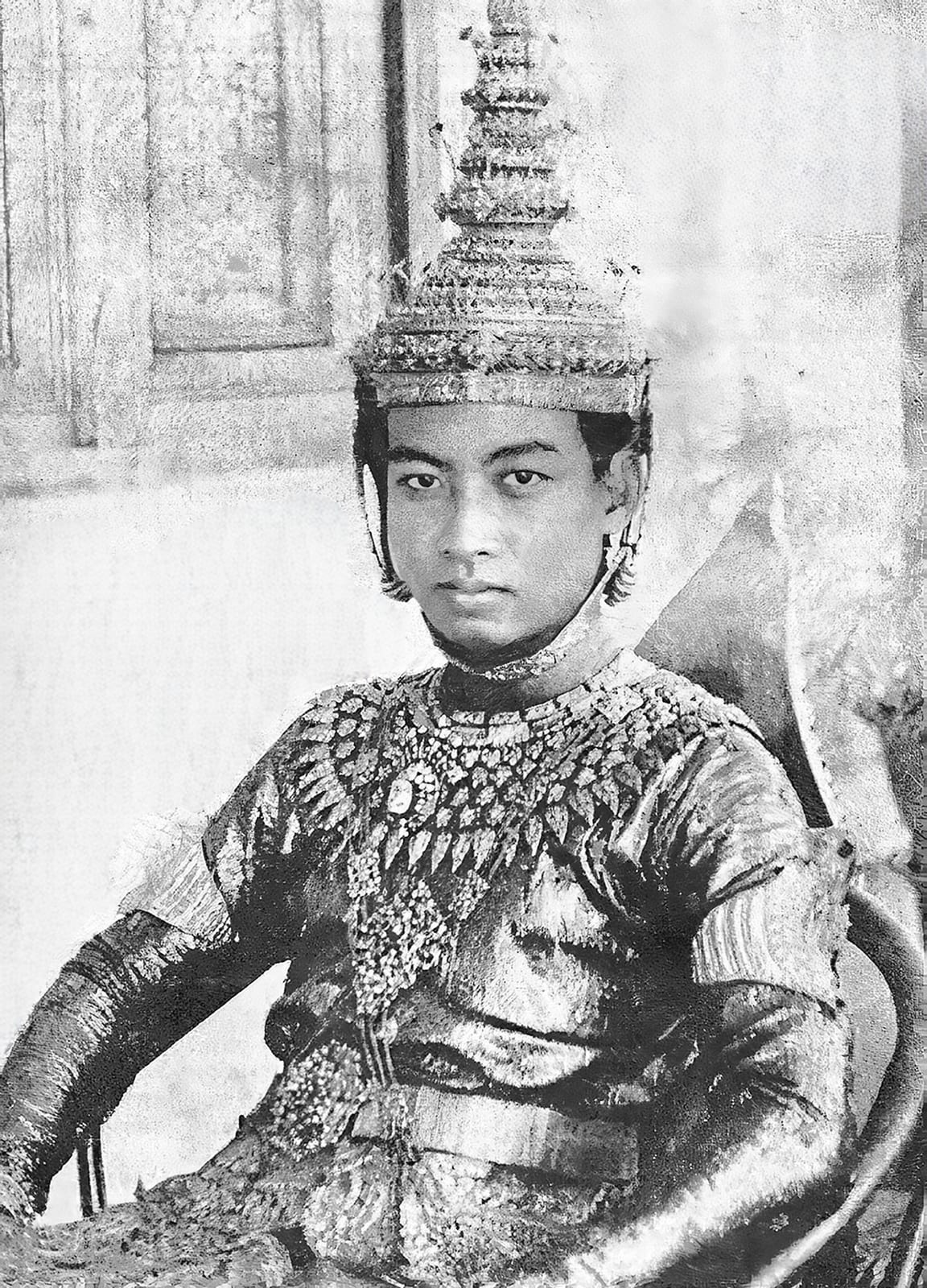 Portrait or photograph of Norodom Sihanouk: King Norodom Sihanouk in coronation regalia of Cambodia, November 1941.