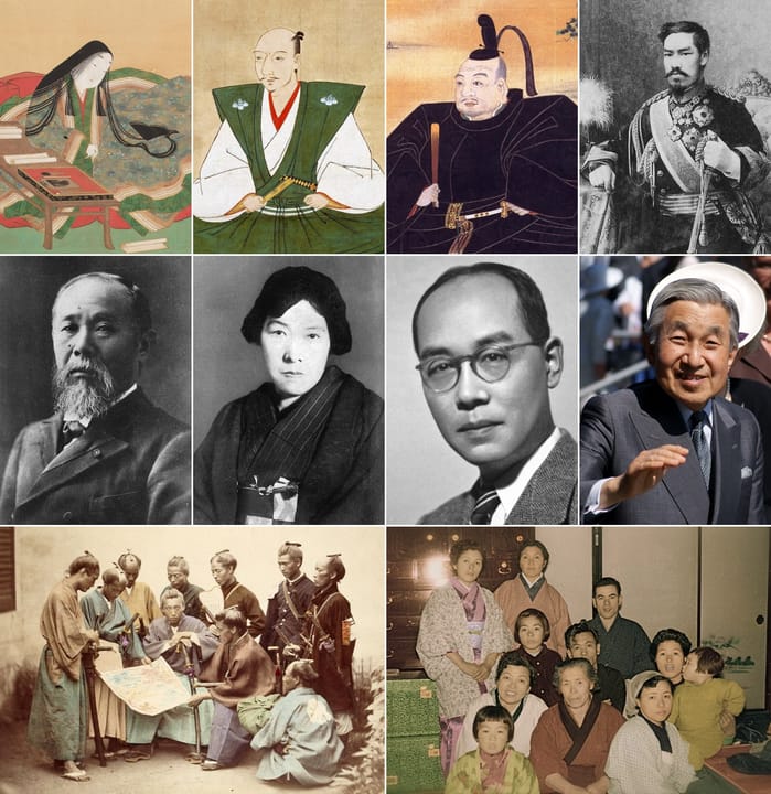 Portrait or photograph of Oda Nobunaga: Various Japanese people From left to right of the upper section: Murasaki Shikibu Oda Nobunaga Tokugawa Ieyasu Emperor M