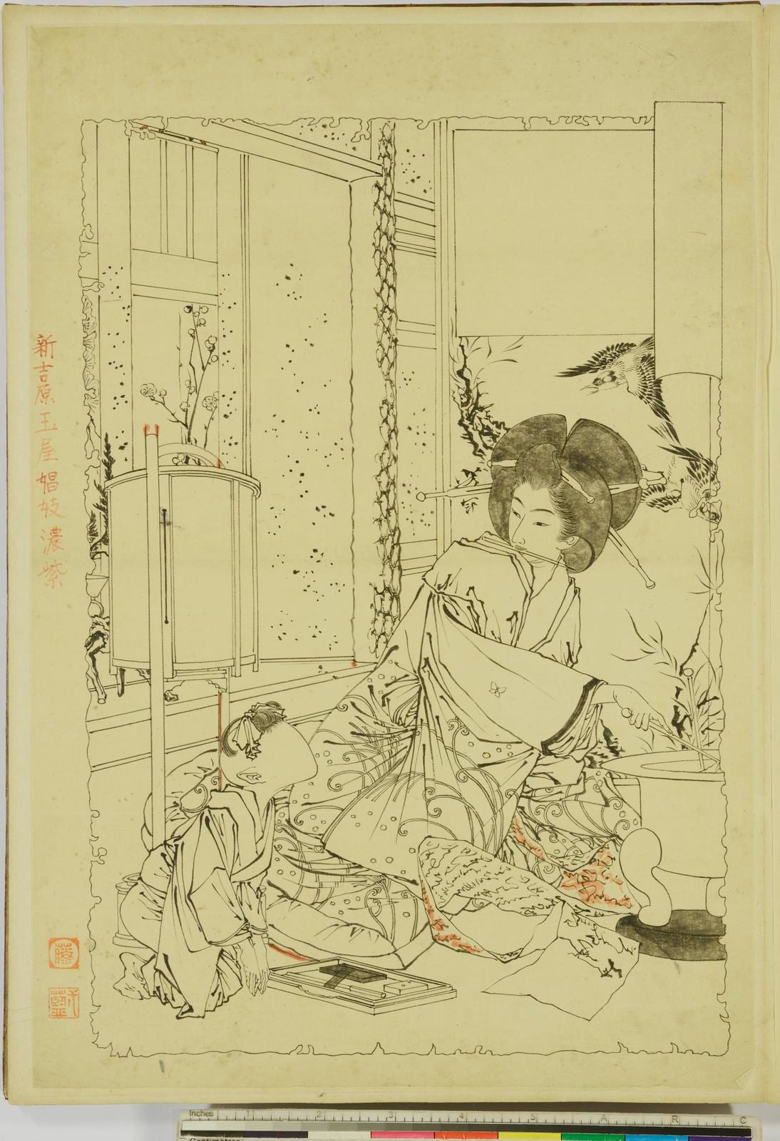 Image connected to Okakura Kakuzo: Drawing, sumi ink on paper. The courtesan Komurasaki of the Tamaya brothel. From an album of 30 'block-ready' preparatory dra