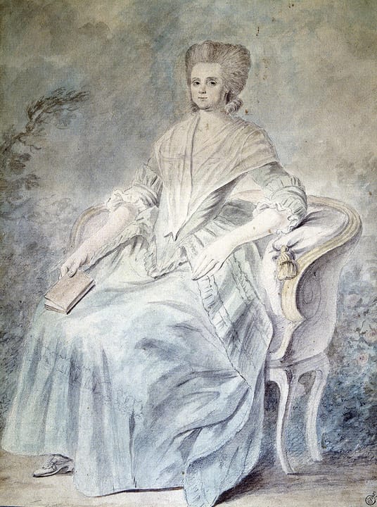 Portrait or photograph of Olympe de Gouges: Olympe de Gouges assise sur un fauteuil Louis XV, tenant un livre de la main droite