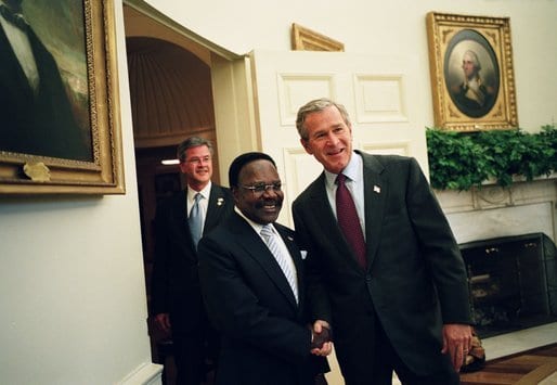 Portrait or photograph of Omar Bongo: President George W. Bush welcomes President Omar Bongo Ondimba of Gabon to the Oval Office