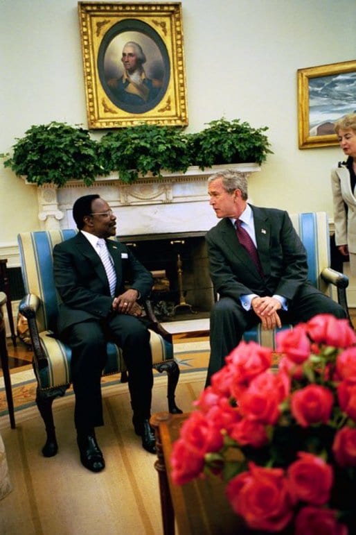 Portrait or photograph of Omar Bongo: President George W. Bush and President Omar Bongo Ondimba of Gabon meet in the Oval Office