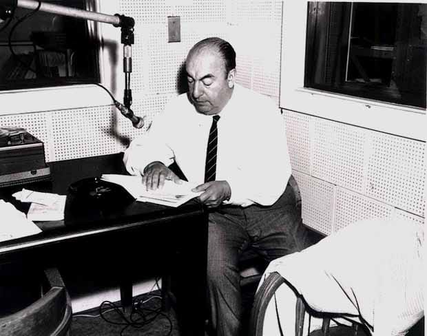 Portrait or photograph of Pablo Neruda: Pablo Neruda during a Library of Congress recording session, 20 June 1966